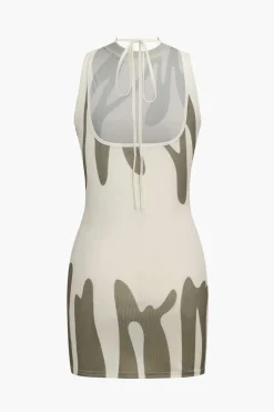 MICAS Mini Dresses-Abstract Print Backless Tie-Up Sleeveless Mini Dress WHITE