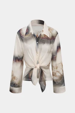 MICAS Long Sleeve Tops|Long Sleeves Tops-Abstract Print Chiffon Button Long-Sleeve Shirt BEIGE
