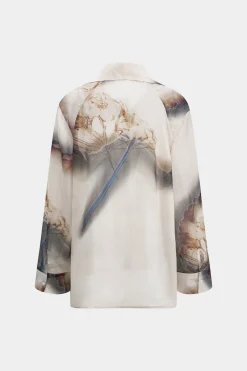 MICAS Long Sleeve Tops|Long Sleeves Tops-Abstract Print Chiffon Button Long-Sleeve Shirt BEIGE