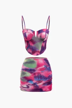 MICAS Skirt Sets|Vacation Sets-Abstract Print Corset Top And Mini Skirt Set MULTICOLOR
