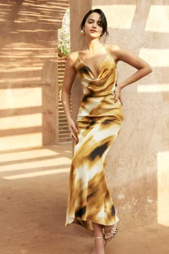 MICAS Maxi Dresses-Abstract Print Cowl Neck Backless Slit Slip Maxi Dress MULTICOLOR