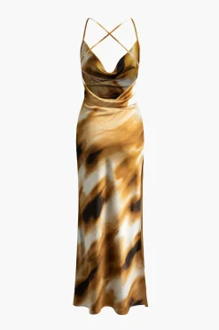 MICAS Maxi Dresses-Abstract Print Cowl Neck Backless Slit Slip Maxi Dress MULTICOLOR