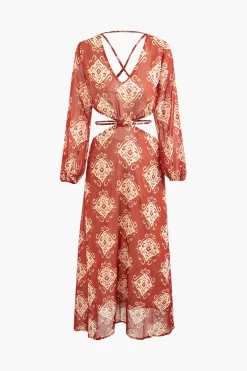 MICAS Long Sleeve Dresses|Maxi Dresses-Abstract Print Cross Tie Backless Maxi Dress RUST