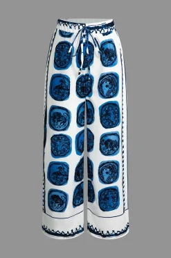 MICAS Pants-Abstract Print Drawstring Wide Leg Pants BLUE