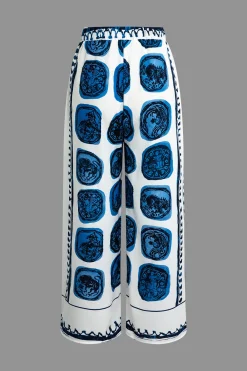 MICAS Pants-Abstract Print Drawstring Wide Leg Pants BLUE