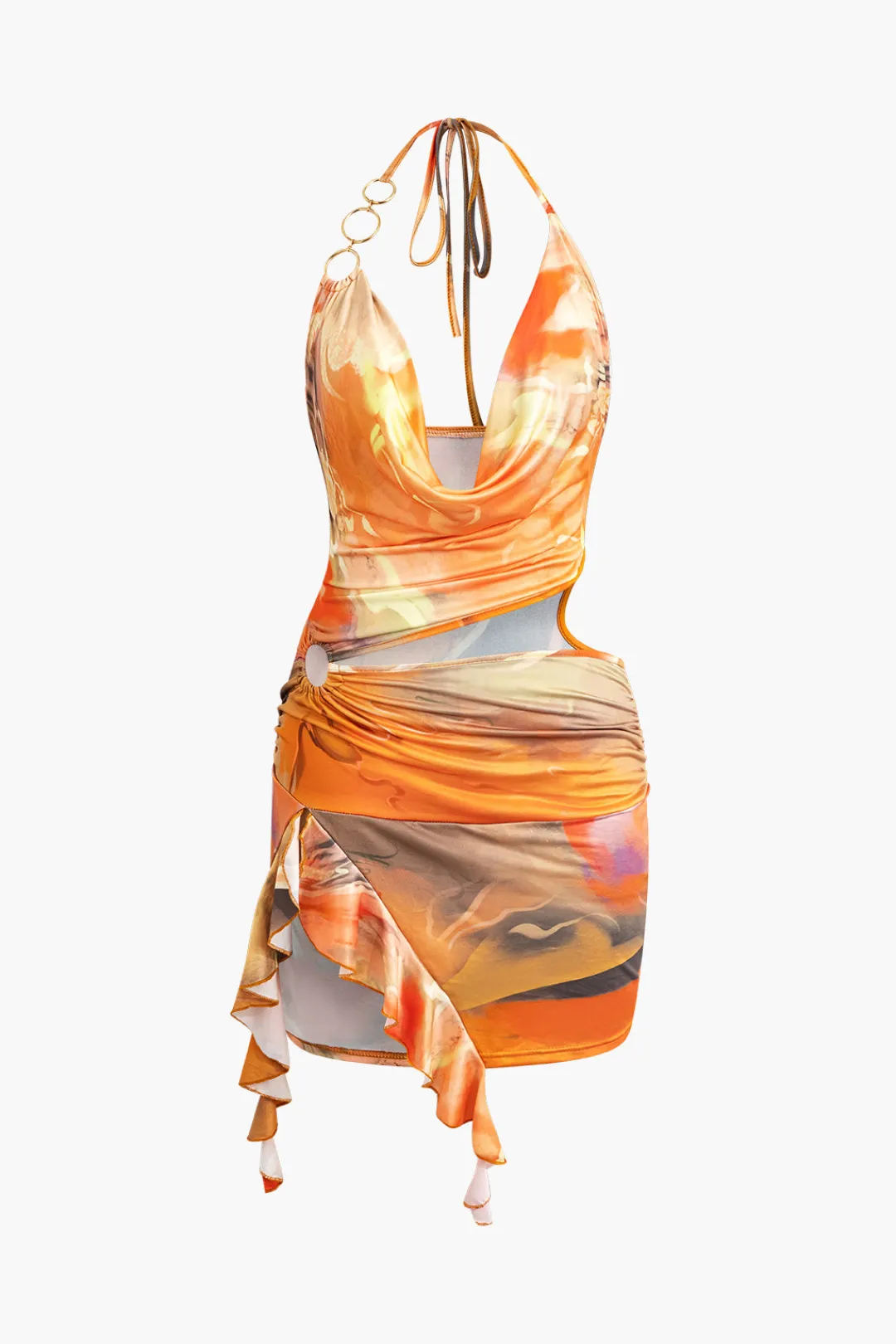 MICAS Mini Dresses-Abstract Print Halter Cowl Neck Slit Mini Dress