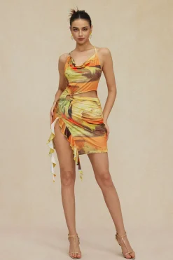 MICAS Mini Dresses-Abstract Print Halter Cowl Neck Slit Mini Dress