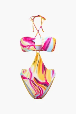 MICAS Swimwear|Vacation Sets-Abstract Print Halter Tummy Control One-piece Swimsuit And Knot Mini Sarong Skirt Set MULTICOLOR