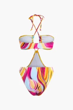 MICAS Swimwear|Vacation Sets-Abstract Print Halter Tummy Control One-piece Swimsuit And Knot Mini Sarong Skirt Set MULTICOLOR