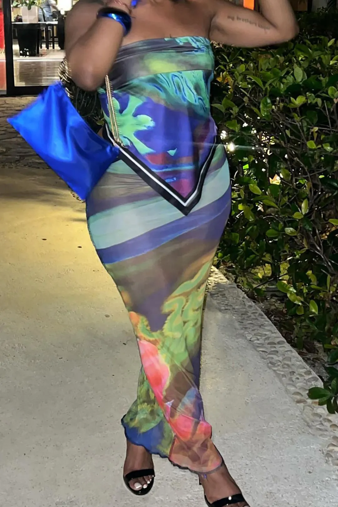 MICAS Skirt Sets|Vacation Sets-Abstract Print Knot Strapless Top And Cut Out Midi Skirt Set MULTICOLOR