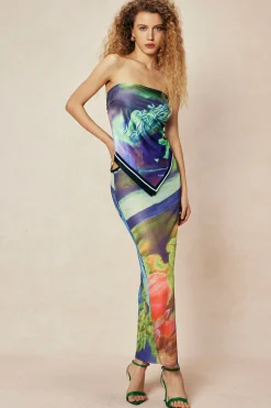 MICAS Skirt Sets|Vacation Sets-Abstract Print Knot Strapless Top And Cut Out Midi Skirt Set MULTICOLOR