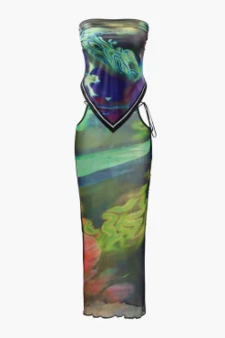 MICAS Skirt Sets|Vacation Sets-Abstract Print Knot Strapless Top And Cut Out Midi Skirt Set MULTICOLOR