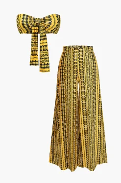 MICAS Pant Sets|Vacation Sets-Abstract Print Knot Tube Top And Wide Leg Trouser Set YELLOW