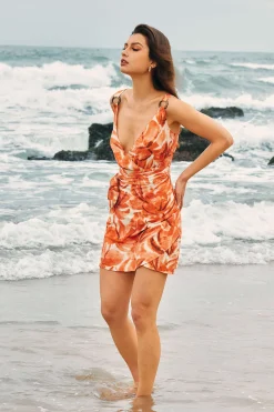 MICAS Mini Dresses-Abstract Print Knot V-Neck Mini Dress PERSIMMON