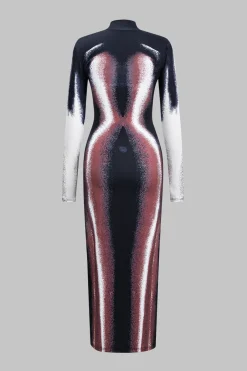 MICAS Long Sleeve Dresses|Maxi Dresses-Abstract Print Long Sleeve Maxi Dress Contrast Color