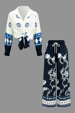 MICAS Pant Sets-Abstract Print Long Sleeve Shirt And Trousers Set DARK BLUE