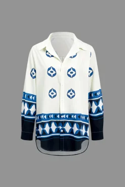 MICAS Pant Sets-Abstract Print Long Sleeve Shirt And Trousers Set DARK BLUE