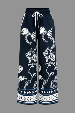 MICAS Pant Sets-Abstract Print Long Sleeve Shirt And Trousers Set DARK BLUE