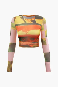 MICAS Long Sleeve Tops|Long Sleeves Tops-Abstract Print Long Sleeve Crop Top YELLOW