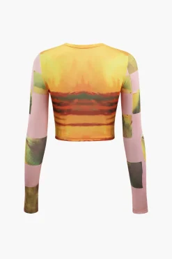 MICAS Long Sleeve Tops|Long Sleeves Tops-Abstract Print Long Sleeve Crop Top YELLOW