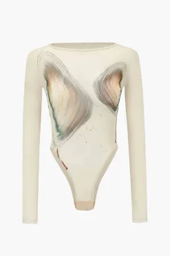 MICAS Bodysuits-Abstract Print Long-Sleeve Bodysuit BEIGE