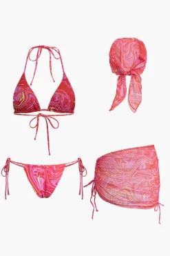 MICAS Swimwear|Vacation Sets-Abstract Print Mesh Four-Piece Swimsuit Set