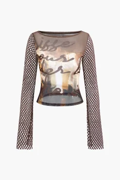 MICAS Long Sleeve Tops|Long Sleeves Tops-Abstract Print Mesh Long Sleeve Top COFFEE