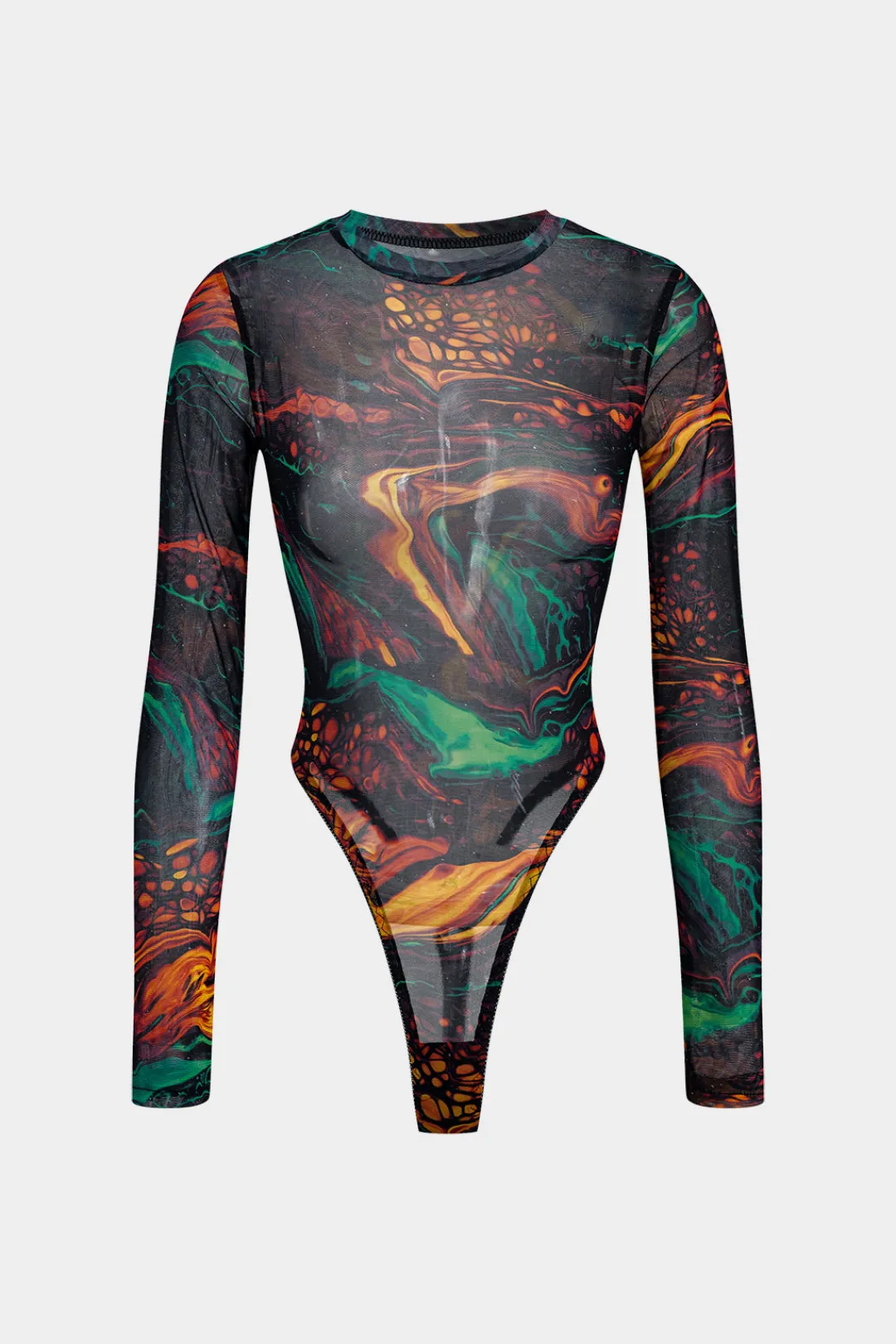 MICAS Bodysuits-Abstract Print Mesh Long Sleeve Bodysuit MULTICOLOR