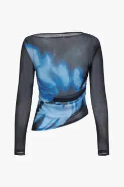 MICAS Long Sleeve Tops|Long Sleeves Tops-Abstract Print Mesh Long-Sleeve Top BLACK