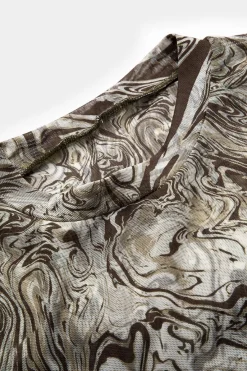 MICAS Bodysuits-Abstract Print Mesh Round Neck Long Sleeve Bodysuit BROWN