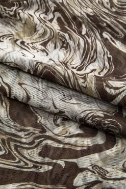 MICAS Bodysuits-Abstract Print Mesh Round Neck Long Sleeve Bodysuit BROWN