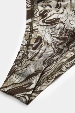 MICAS Bodysuits-Abstract Print Mesh Round Neck Long Sleeve Bodysuit BROWN