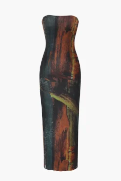 MICAS Midi Dresses-Abstract Print Mesh Strapless Midi Dress PERSIMMON