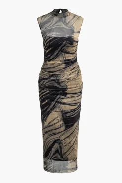 MICAS Maxi Dresses-Abstract Print Mock Neck Mesh Ruched Sleeveless Maxi Dress BROWN