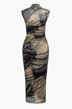 MICAS Maxi Dresses-Abstract Print Mock Neck Mesh Ruched Sleeveless Maxi Dress BROWN