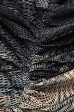 MICAS Maxi Dresses-Abstract Print Mock Neck Mesh Ruched Sleeveless Maxi Dress BROWN