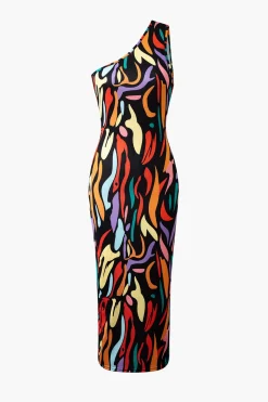 MICAS Midi Dresses-Abstract Print One Shoulder Cut Out Midi Dress BLACK