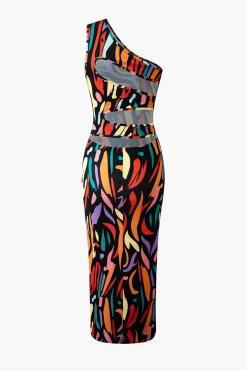 MICAS Midi Dresses-Abstract Print One Shoulder Cut Out Midi Dress BLACK