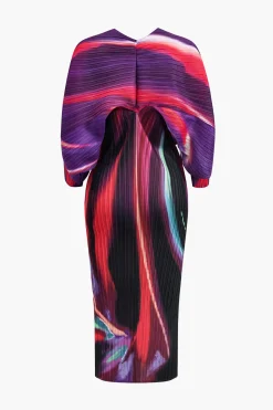 MICAS Long Sleeve Dresses|Midi Dresses-Abstract Print Pleated V-Neck Batwing Sleeve Maxi Dress PURPLE