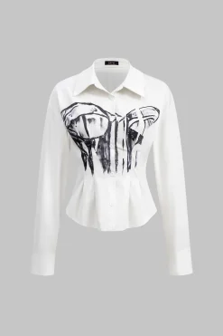 MICAS Long Sleeve Tops|Blouses & Shirts-Abstract Print Print Button Long-Sleeve Shirt WHITE
