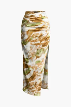 MICAS Skirts-Abstract Print Ruched Split Maxi Skirt Contrast Color