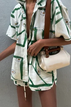 MICAS Short Sets-Abstract Print Shirt And Drawstring Shorts Set WHITE