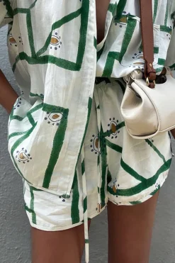 MICAS Short Sets-Abstract Print Shirt And Drawstring Shorts Set WHITE