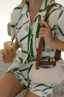 MICAS Short Sets-Abstract Print Shirt And Drawstring Shorts Set WHITE