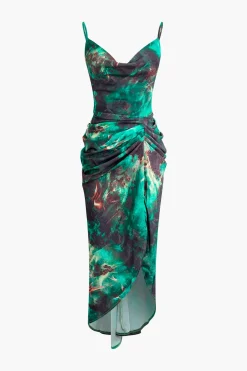 MICAS Midi Dresses-Abstract Print Spaghetti Strap Ruched Side Slit Midi Dress GREEN