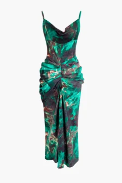 MICAS Midi Dresses-Abstract Print Spaghetti Strap Ruched Side Slit Midi Dress GREEN