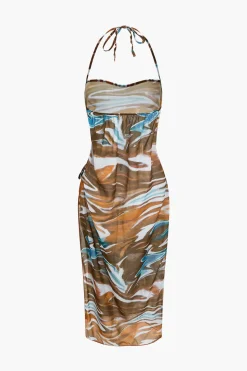 MICAS Swimwear|Vacation Sets-Abstract Print Tie Halter Bikini And Slit Midi Dress Swimsuit Set MULTICOLOR
