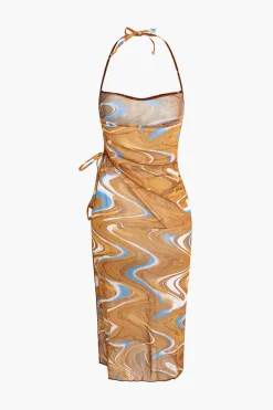 MICAS Swimwear|Vacation Sets-Abstract Print Tie Halter Bikini And Slit Midi Dress Swimsuit Set MULTICOLOR