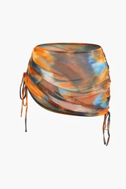 MICAS Swimwear|Vacation Sets-Abstract Print V-neck Cross Back Tie Swimsuit And Mesh Mini Sarong Skirt Set MULTICOLOR