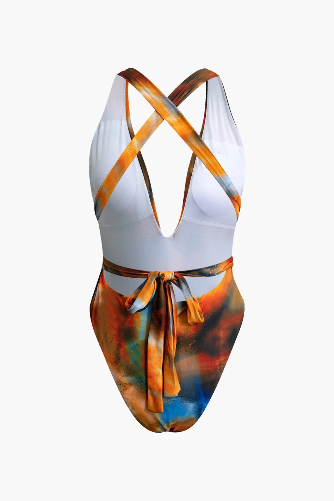 MICAS Swimwear|Vacation Sets-Abstract Print V-neck Cross Back Tie Swimsuit And Mesh Mini Sarong Skirt Set MULTICOLOR